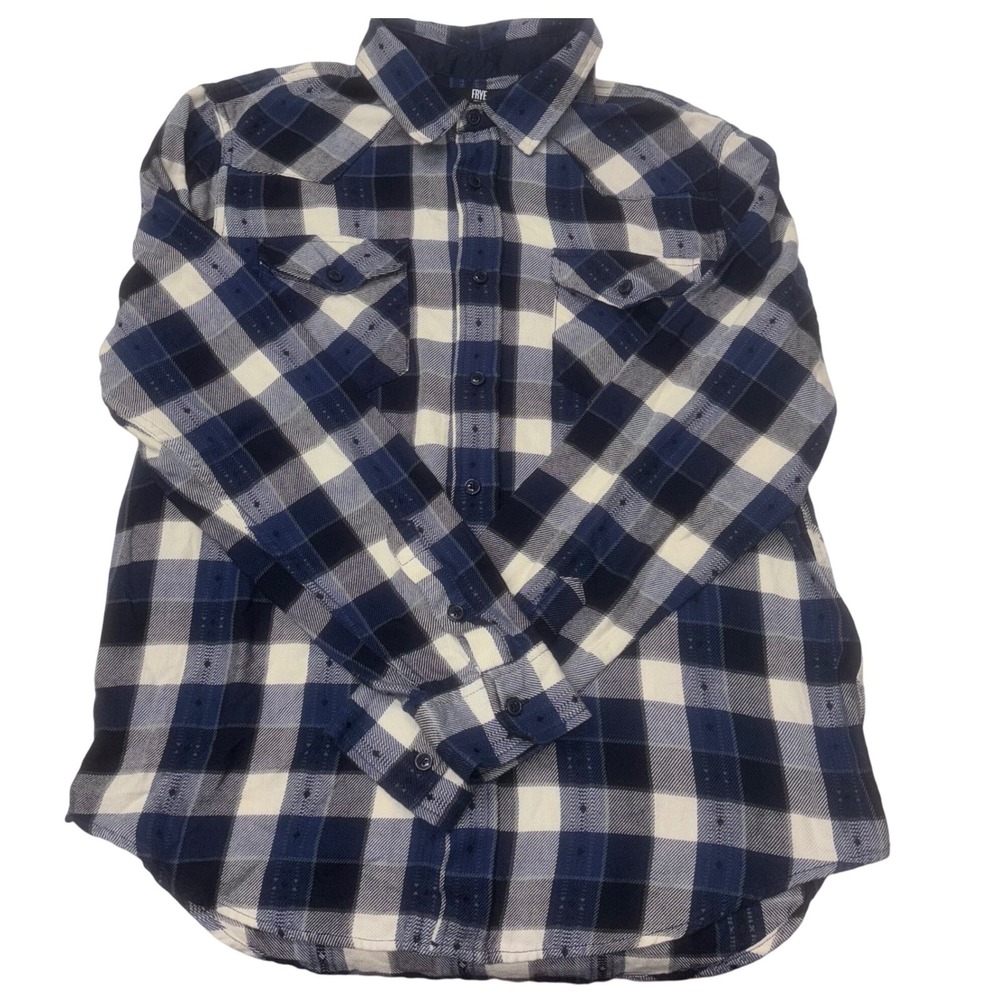 FRYE | Men's Size Large | Blue Cream Plaid Long Sleeve Button Up Flannel Shirt
